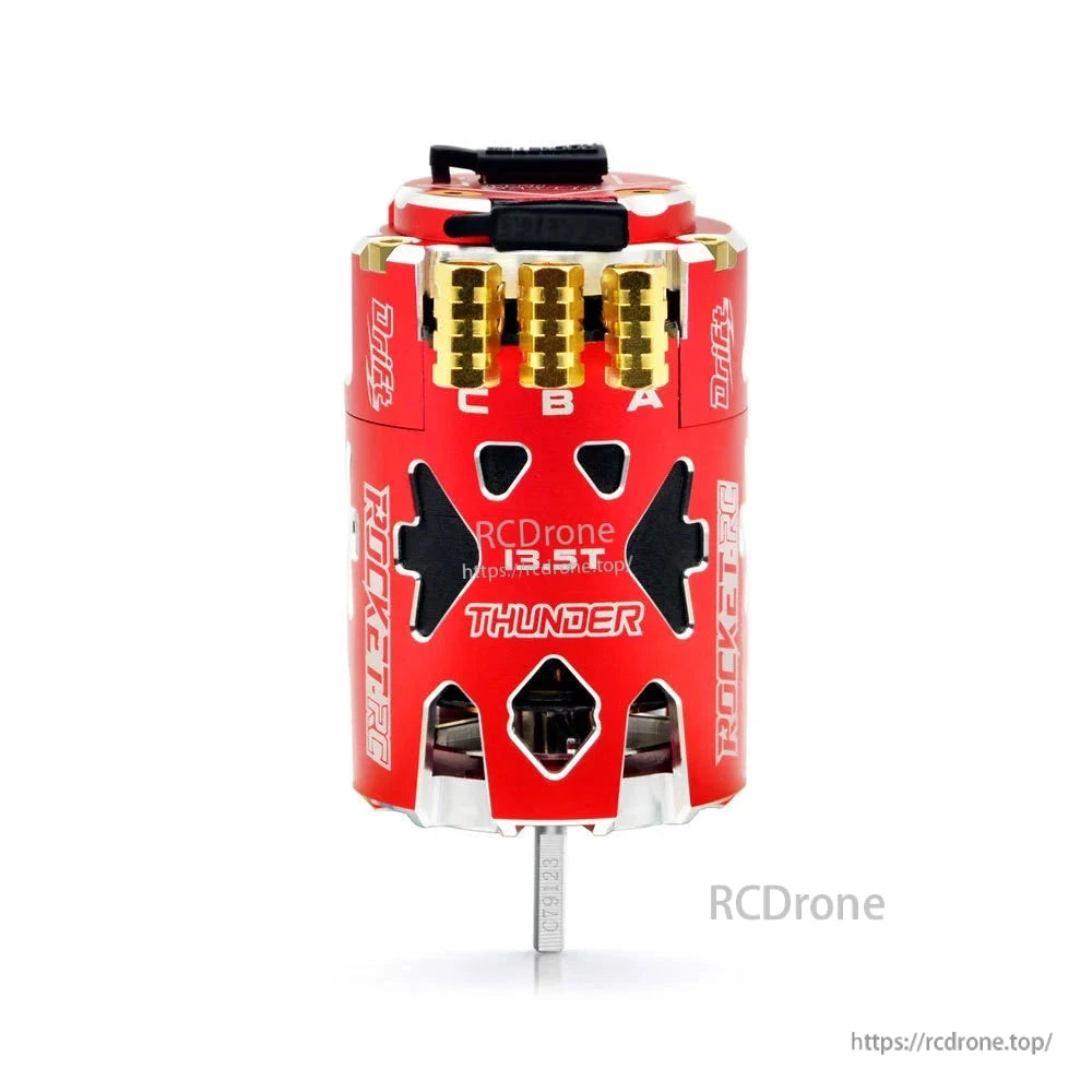 Red 13.5T Thunder 540 brushless motor front view with gold phase terminals and shaft