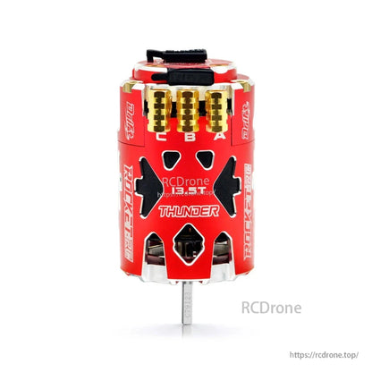 Red 13.5T Thunder 540 brushless motor front view with gold phase terminals and shaft
