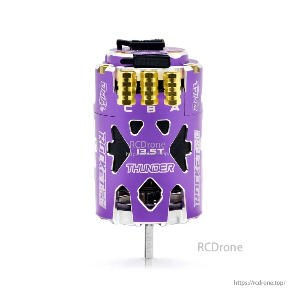 Purple 13.5T Thunder 540 motor with labeled A, B, C gold phase terminals and shaft