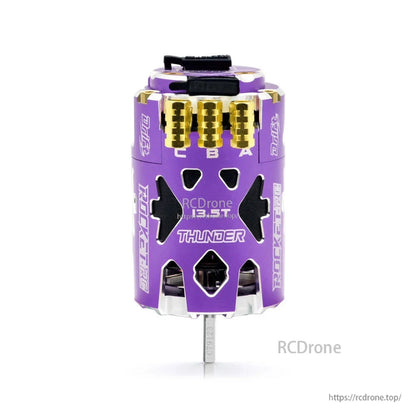 Purple 13.5T Thunder 540 motor with labeled A, B, C gold phase terminals and shaft