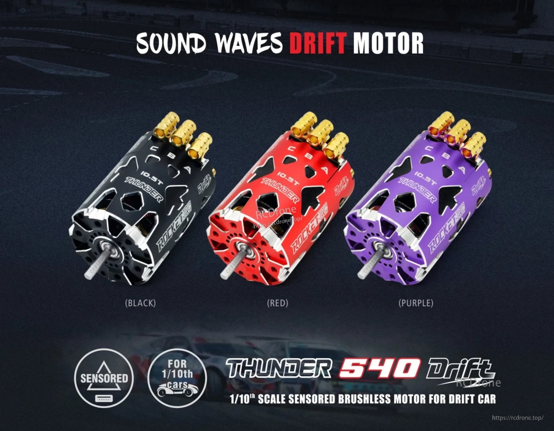Rocket-RC Thunder 540 Drift sensored brushless motor in black, red, and purple finishes