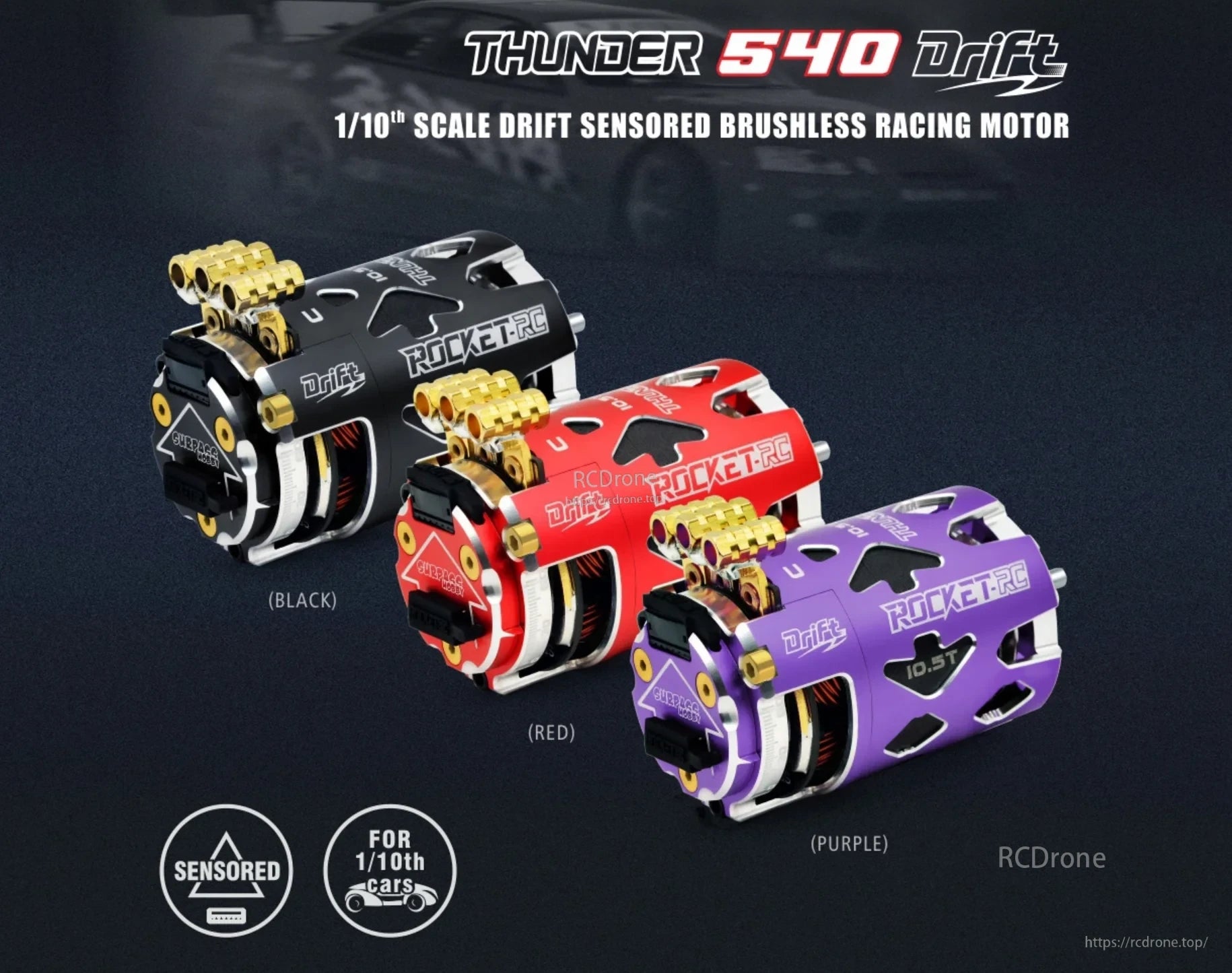 Thunder 540 Drift 1/10 RC sensored brushless motors displayed in three finish options