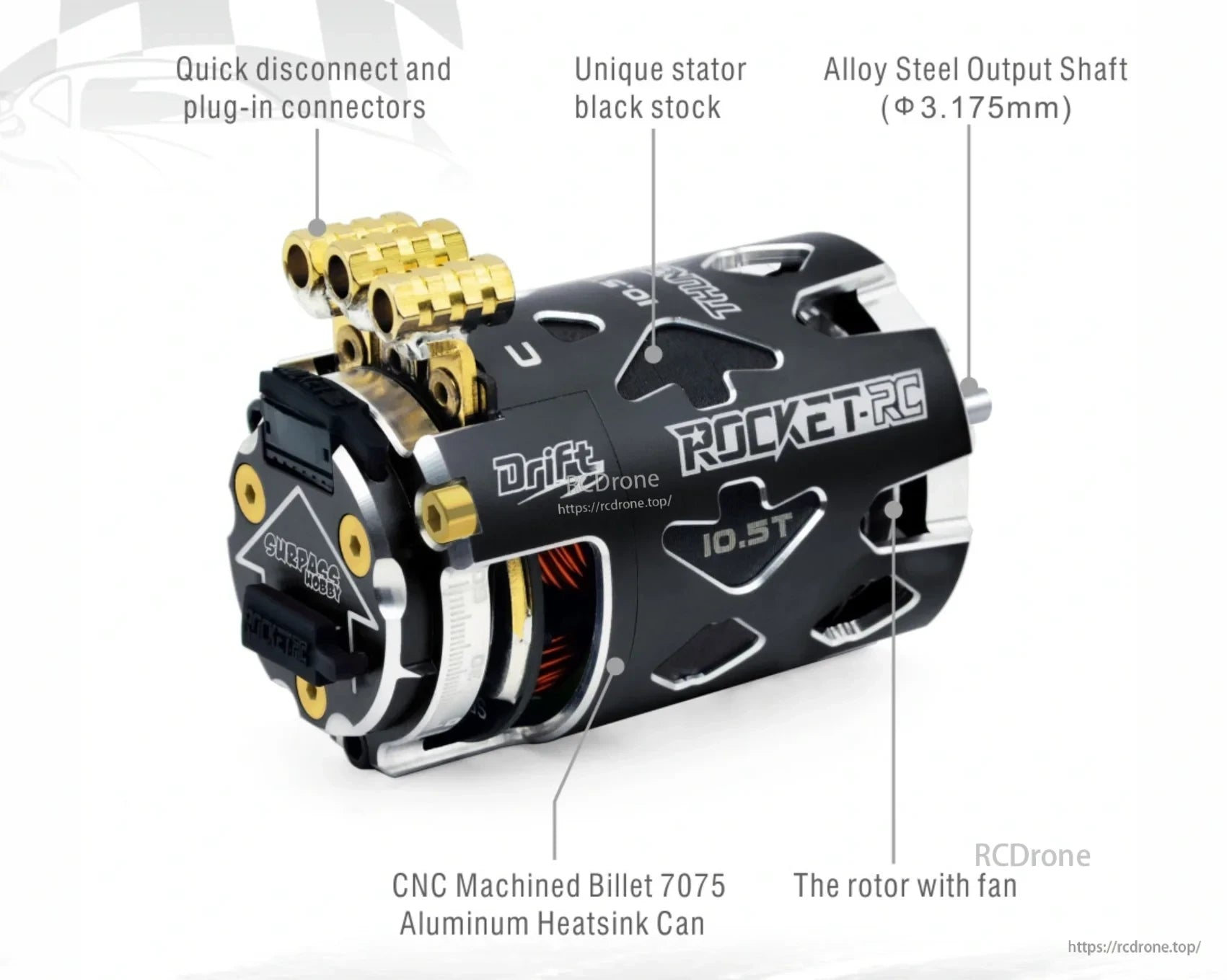 Thunder 540 Drift motor detail with quick-disconnect connectors, 7075 aluminum can, and 3.175 mm shaft