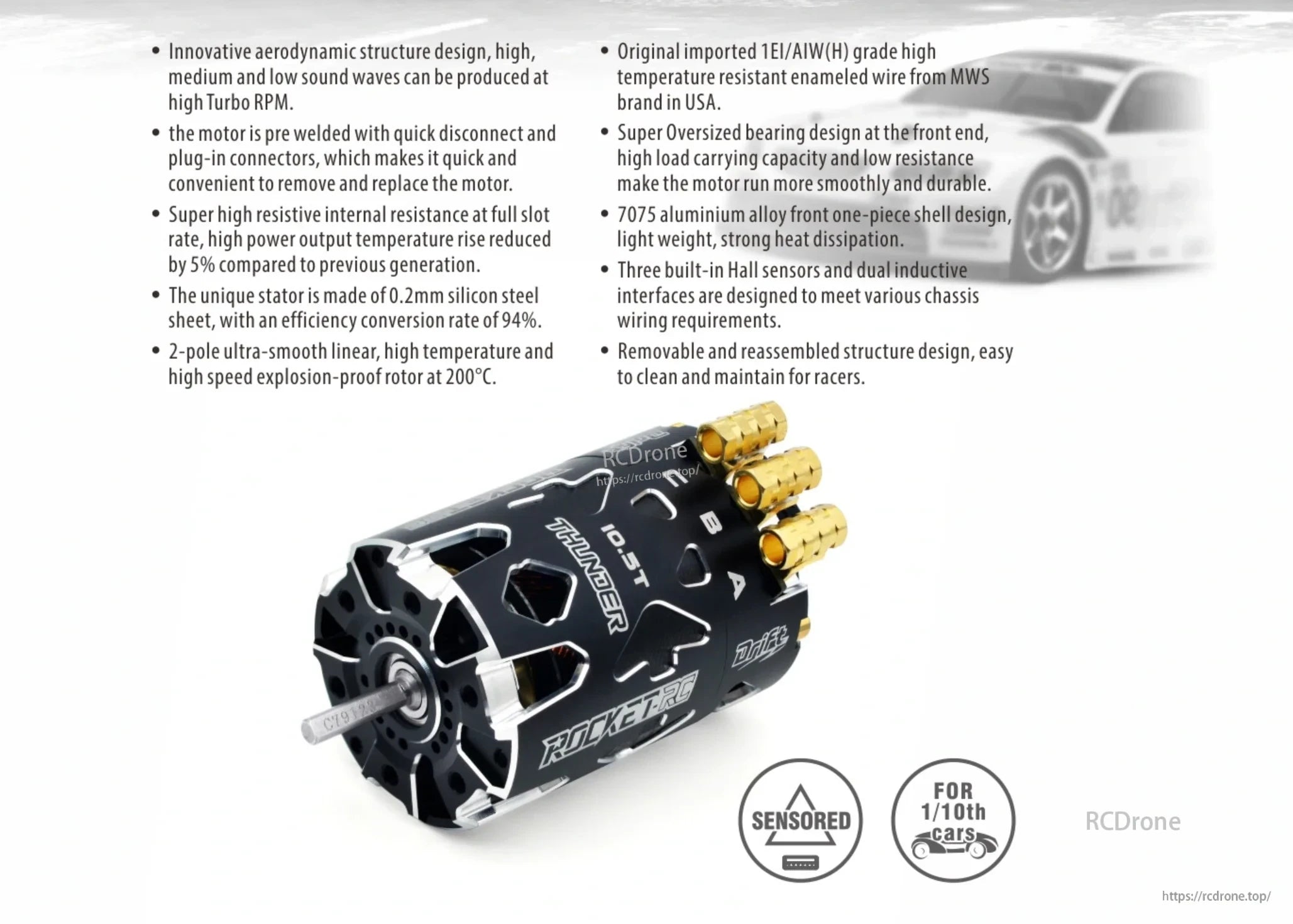 Black Rocket-RC Thunder 540 Drift motor with gold plug-in terminals and sensored design