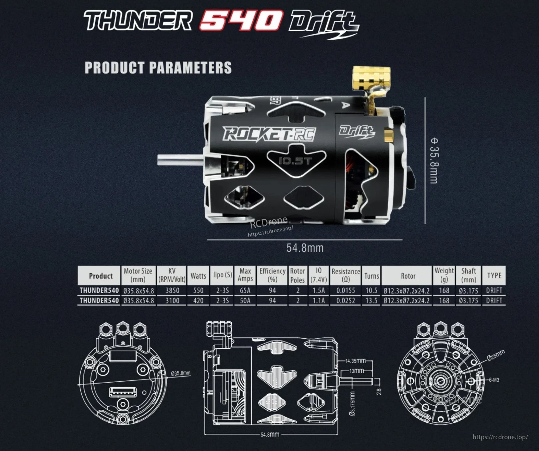 Thunder 540 Drift motor dimensions and parameter chart for 10.5T and 13.5T wind options