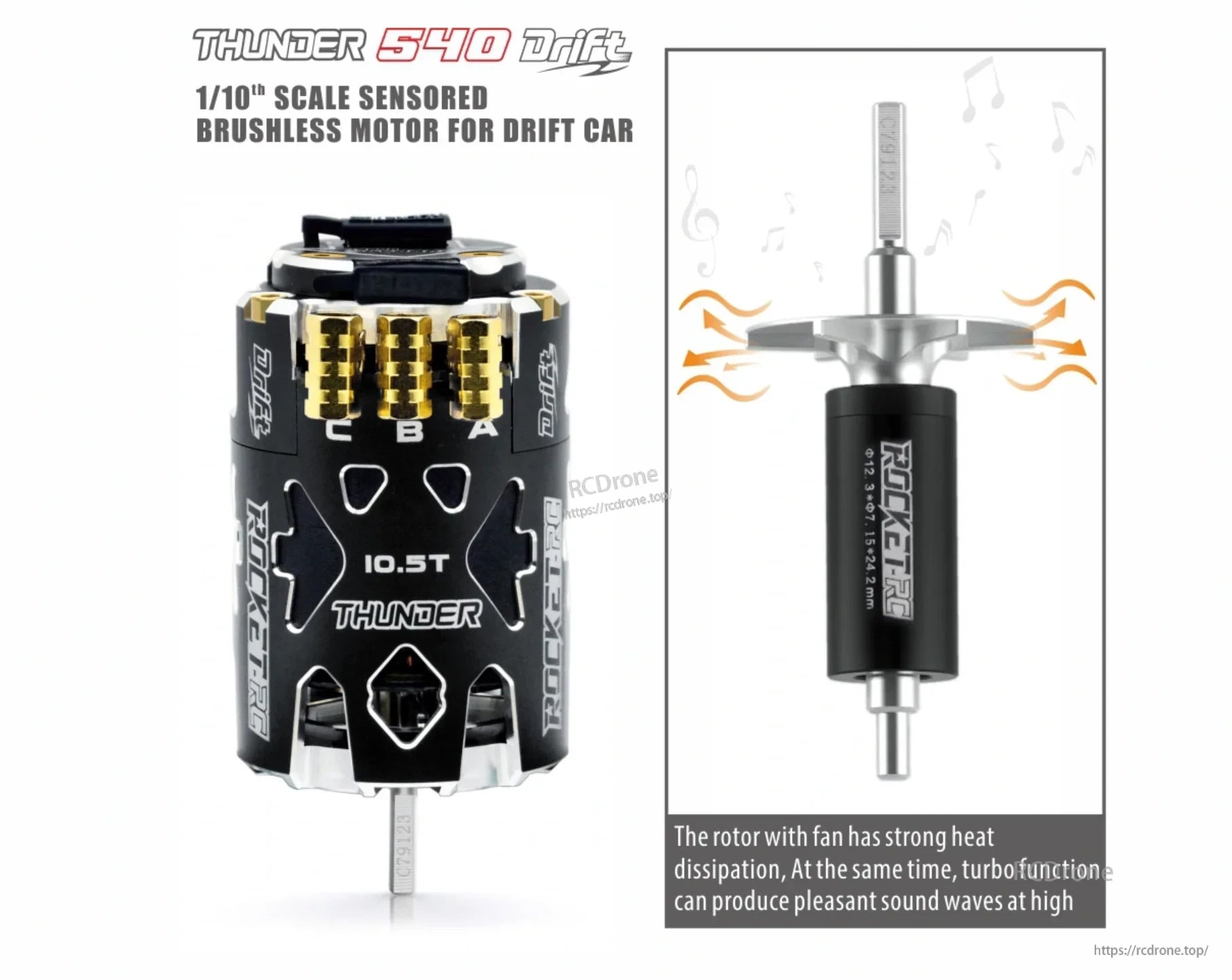 Rocket-RC Thunder 540 Drift motor with rotor-mounted cooling fan and 10.5T marking