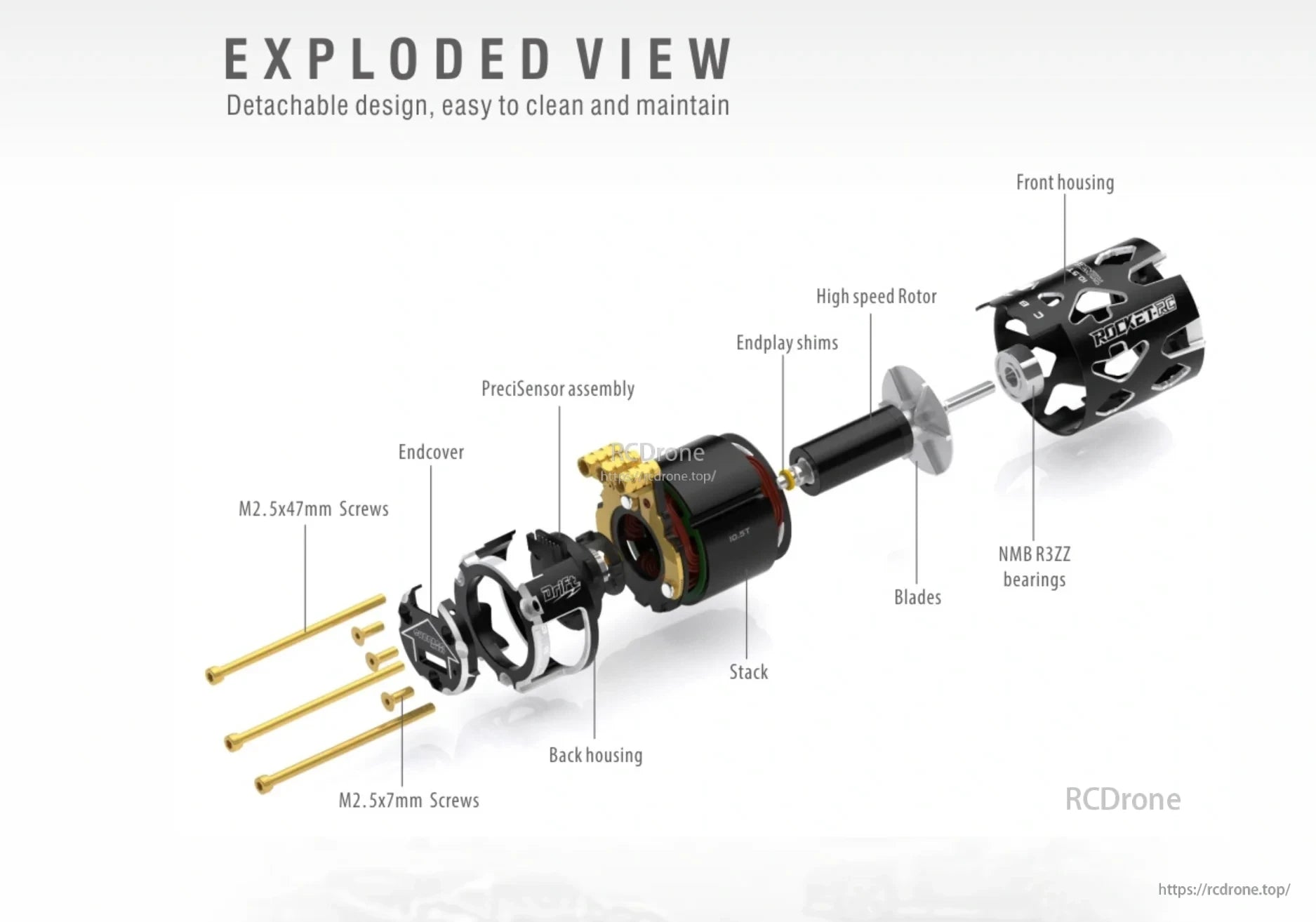 Exploded view of the detachable Thunder 540 Drift motor with rotor, fan, sensors, and bearings