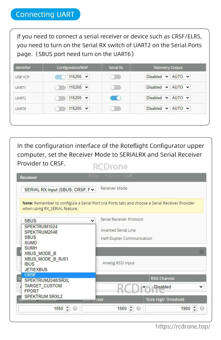 Rotorflight HELI405 RF Flight Controller, Set UART2 for CRSF/ELRS by enabling SERIALRX mode, selecting CRSF provider in Rotorflight Configurator, and enabling UART2 Serial Rx with CRSF from the dropdown.