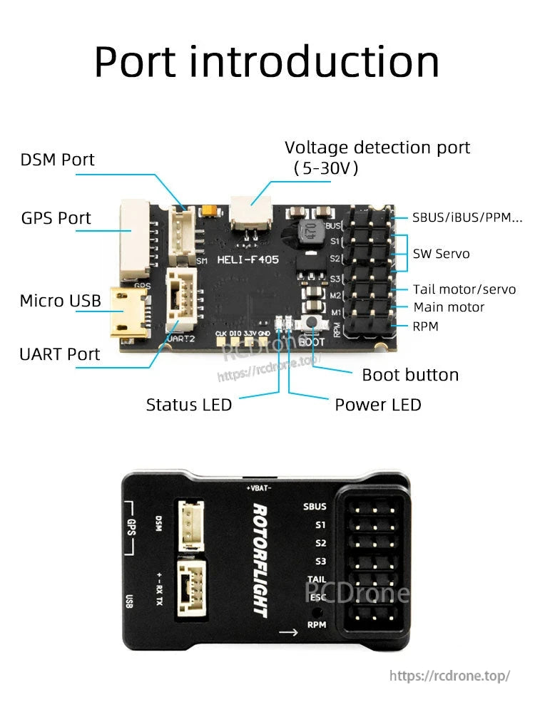Rotorflight HELI405 RF Flight Controller, The Rotorflight HELI-F405 flight controller features DSM, GPS, Micro USB, UART, 5-30V detection, SBUS/iBUS/PPM, servo/motor outputs, RPM monitoring, boot button, and status/power LEDs.