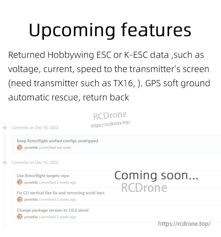 Rotorflight HELI405 RF Flight Controller, Upcoming features include retrieving Hobbywing ESC or K-ESC data and GPS soft ground rescue to transmitter screens.