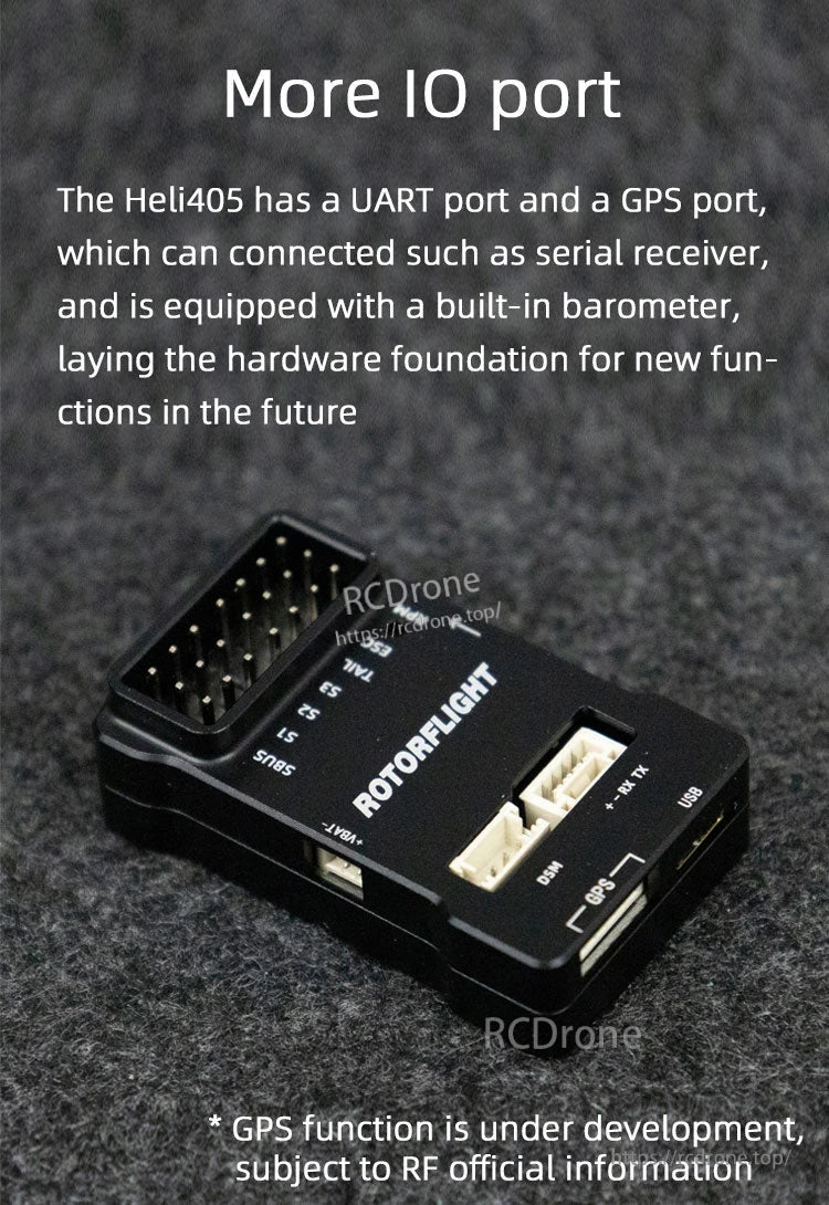 Rotorflight HELI405 RF Flight Controller, Heli405 flight controller features UART, GPS (in development), barometer, serial receiver support, and extra IO ports; compact design ideal for advanced, expandable drone applications.