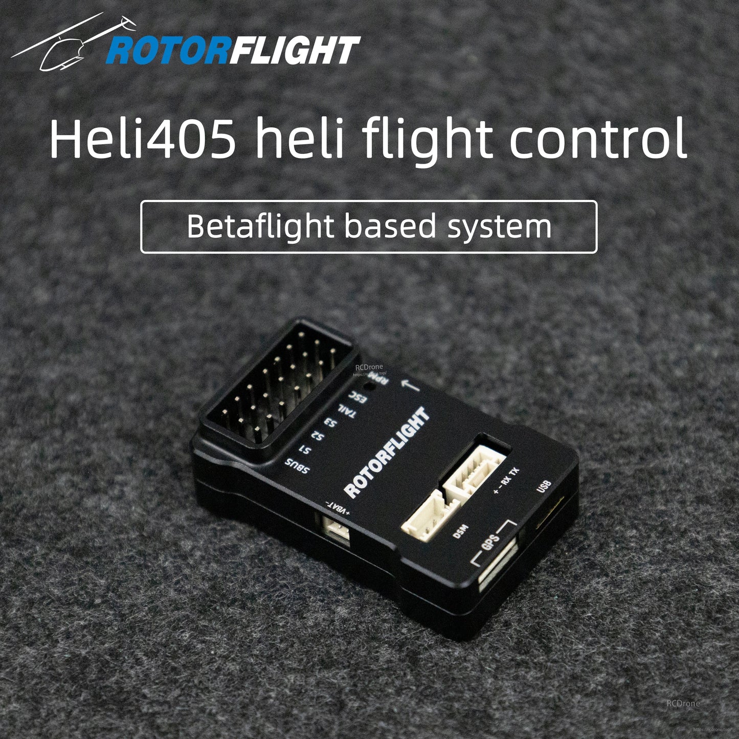 Rotorflight HELI405 RF Flight Controller, Rotorflight Heli405 flight controller supports PPM, Spektrum, FrSky, DShot ESC, and features SBUS, UART, USB, plus S1-S3 inputs. (22 words)