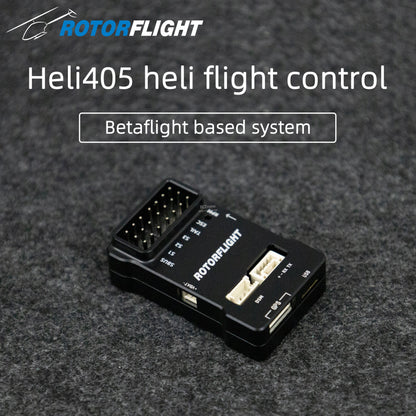 Rotorflight HELI405 RF Flight Controller, Rotorflight Heli405 flight controller supports PPM, Spektrum, FrSky, DShot ESC, and features SBUS, UART, USB, plus S1-S3 inputs. (22 words)