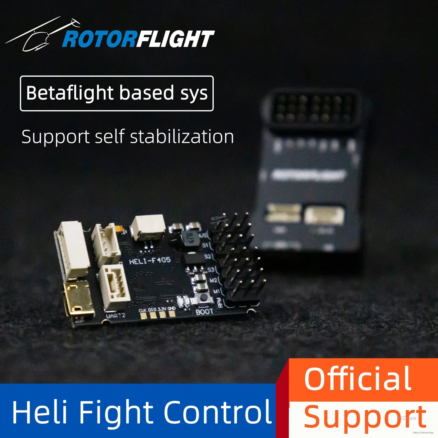 Rotorflight HELI405 RF Flight Controller, Rotorflight HELI-F405 is a Betaflight-based flight controller with heli support, self-stabilization, PPM/Spektrum/FrSky receivers, and DShot ESC compatibility.