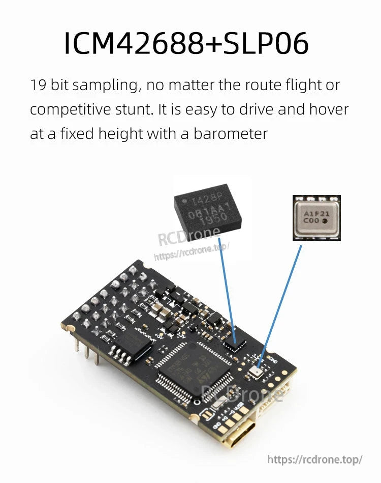 Rotorflight HELI405 RF Flight Controller, ICM42688+SLP06 with 19-bit sampling enables precise flight control, stable hover via barometer, and easy operation.