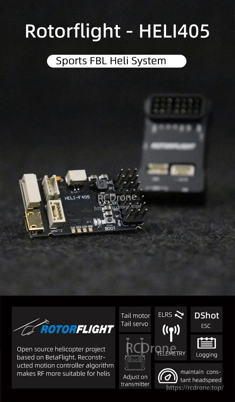 Rotorflight HELI405 RF Flight Controller, Rotorflight HELI405 is an open-source FBL helicopter system based on BetaFlight, supporting tail motor/servo, ELRS, DShot ESC, telemetry, logging, and constant headspeed.