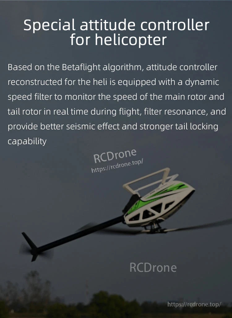 Rotorflight HELI405 RF Flight Controller, Helicopter-specific attitude controller using Betaflight algorithm, featuring dynamic speed filtering, real-time rotor monitoring, resonance suppression, and improved stability.