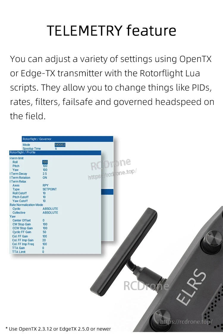 Rotorflight HELI405 RF Flight Controller, Telemetry enables field adjustments via OpenTX/Edge-TX using Rotorflight Lua scripts, supporting PID, rates, filters, failsafe, and headspeed control; requires OpenTX 2.3.12 or EdgeTX 2.5.0+.