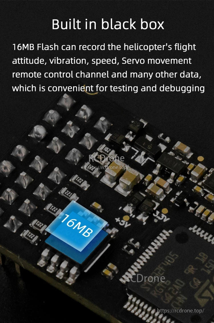 Rotorflight HELI405 RF Flight Controller, The built-in 16MB black box records flight data like attitude, vibration, speed, servo movement, and control channels for testing and debugging.