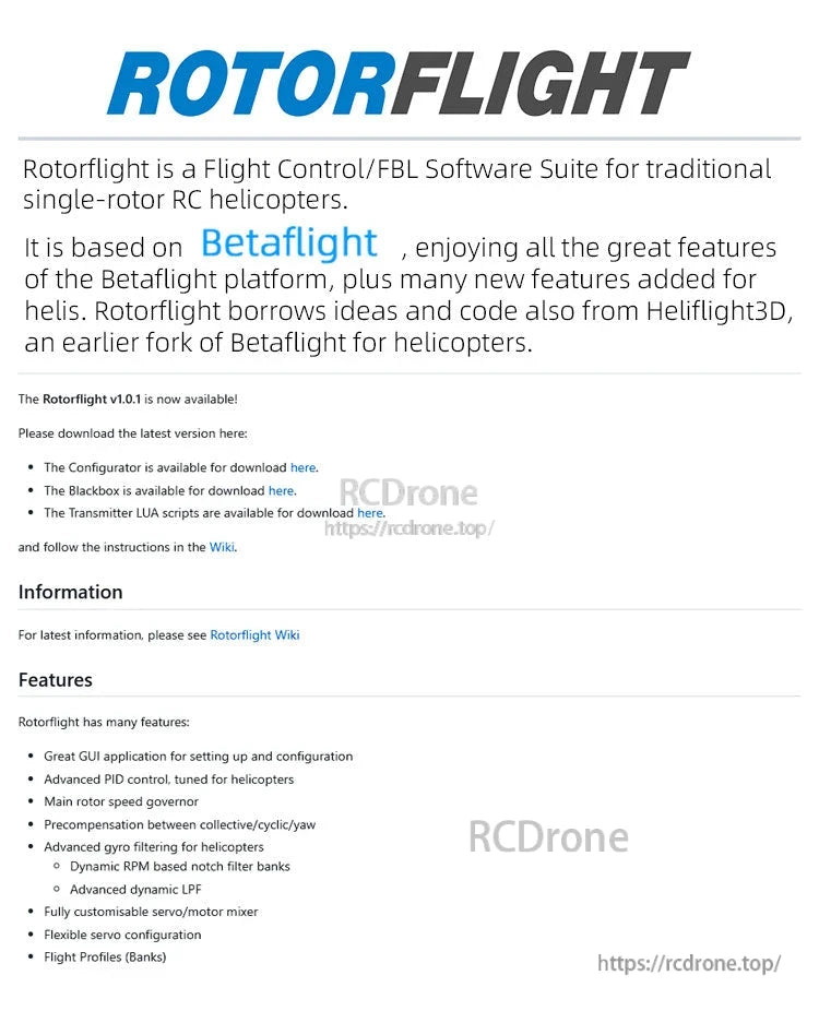 Rotorflight HELI405 RF Flight Controller, Rotorflight is Betaflight-based software for single-rotor RC helicopters, offering PID control, rotor governor, gyro filtering, custom mixer, and flight profiles. Details and downloads on the wiki.