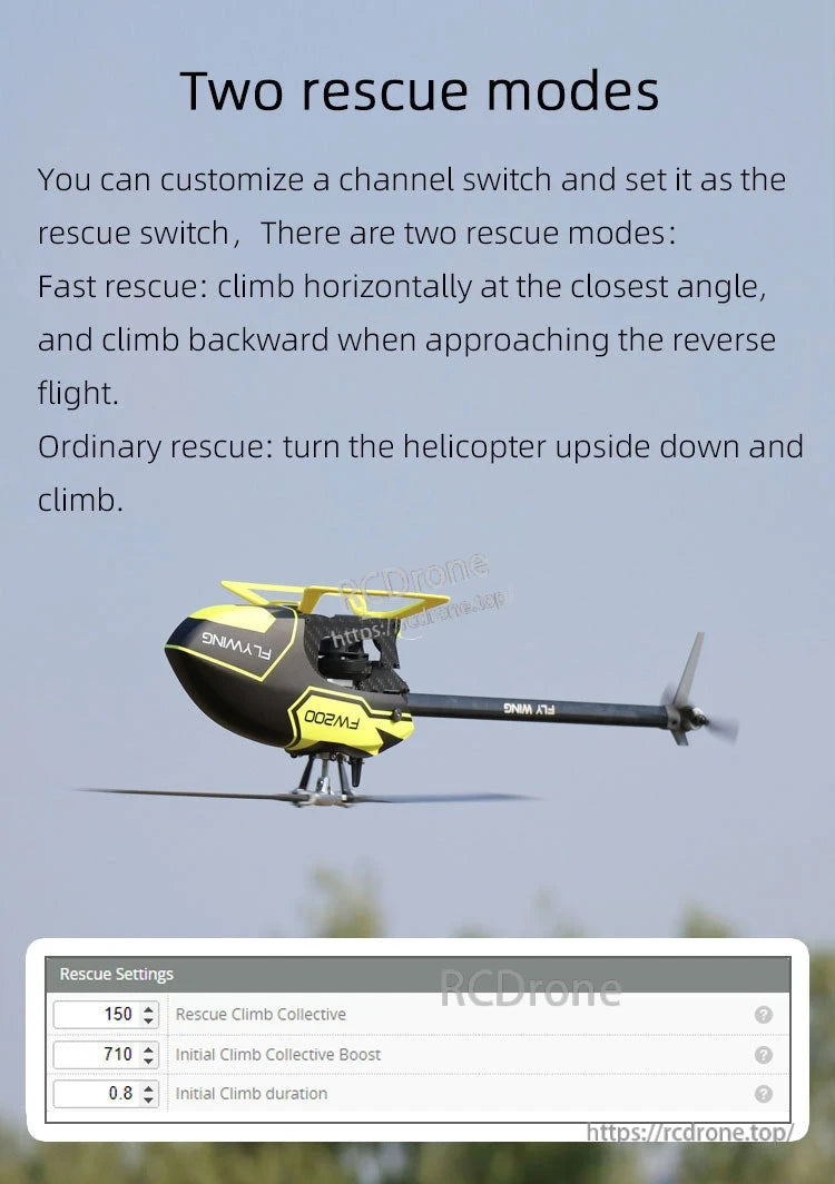 Rotorflight HELI405 RF Flight Controller, Two rescue modes: fast (horizontal then backward) and ordinary (flip upside down). Customizable switch with climb, boost, and duration settings.