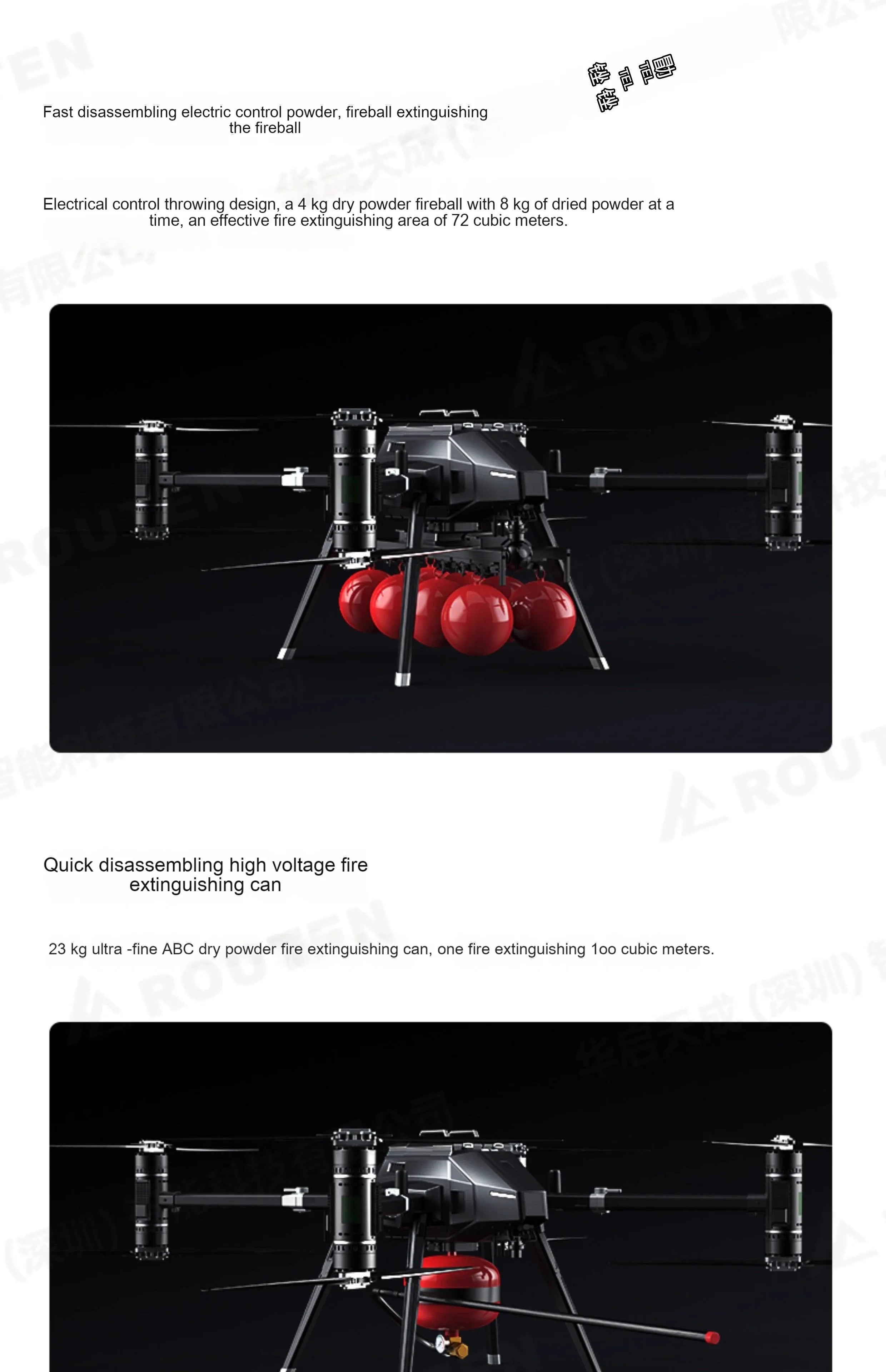 Routen RT100 FireFighting Drone -4 AXIS 50kg Payload 5000m Altitude 10KM Range Flight Platform INDUSTRIAL DRONE