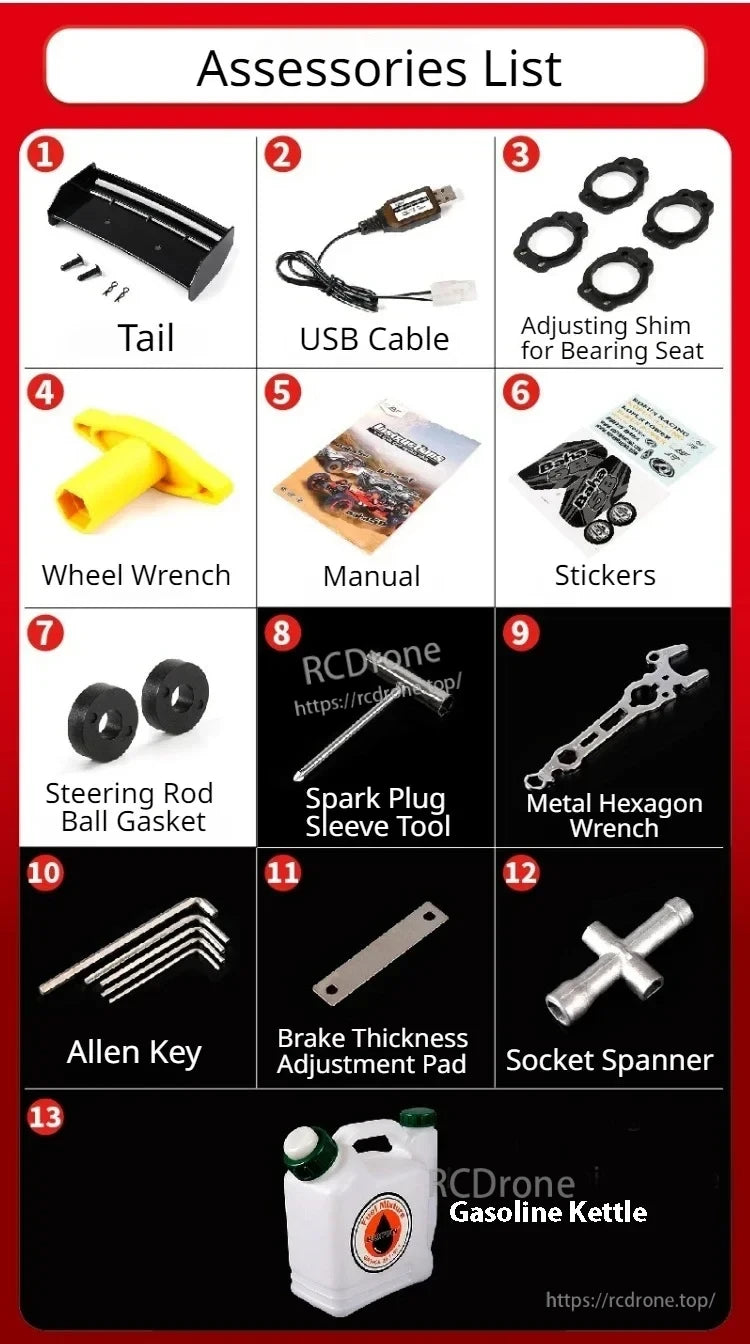 Rovan Baja 5B RC car accessories include tail, USB cable, shims, wrenches, manual, stickers, gaskets, spark plug tool, Allen key, brake pad, spanner, and gasoline kettle.