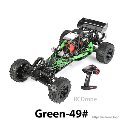 1/5 scale Green-49# 2WD gasoline RC buggy with 2.4G 6CH radio, metal differential, rear axle brake, and ready-to-run features.