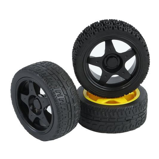 65mm rubber wheel tire set with ABS hub and hard rubber tread, black wheels with one yellow hub