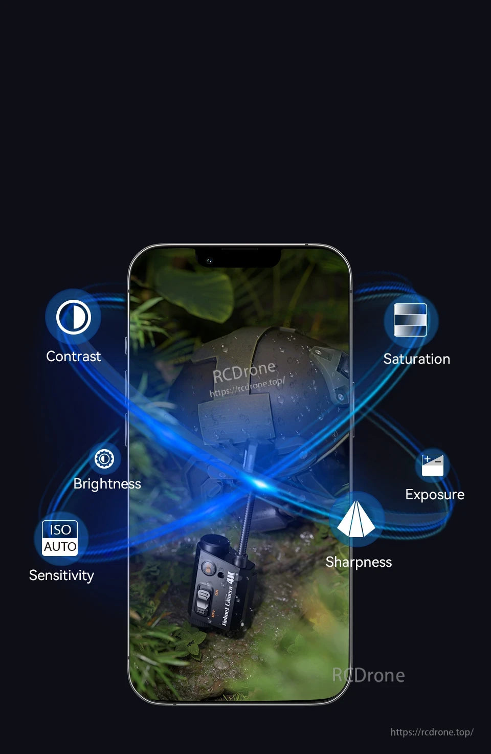 RunCam Helmet Camera, Customize photography experience with camera settings like contrast, saturation, brightness, exposure, and ISO.
