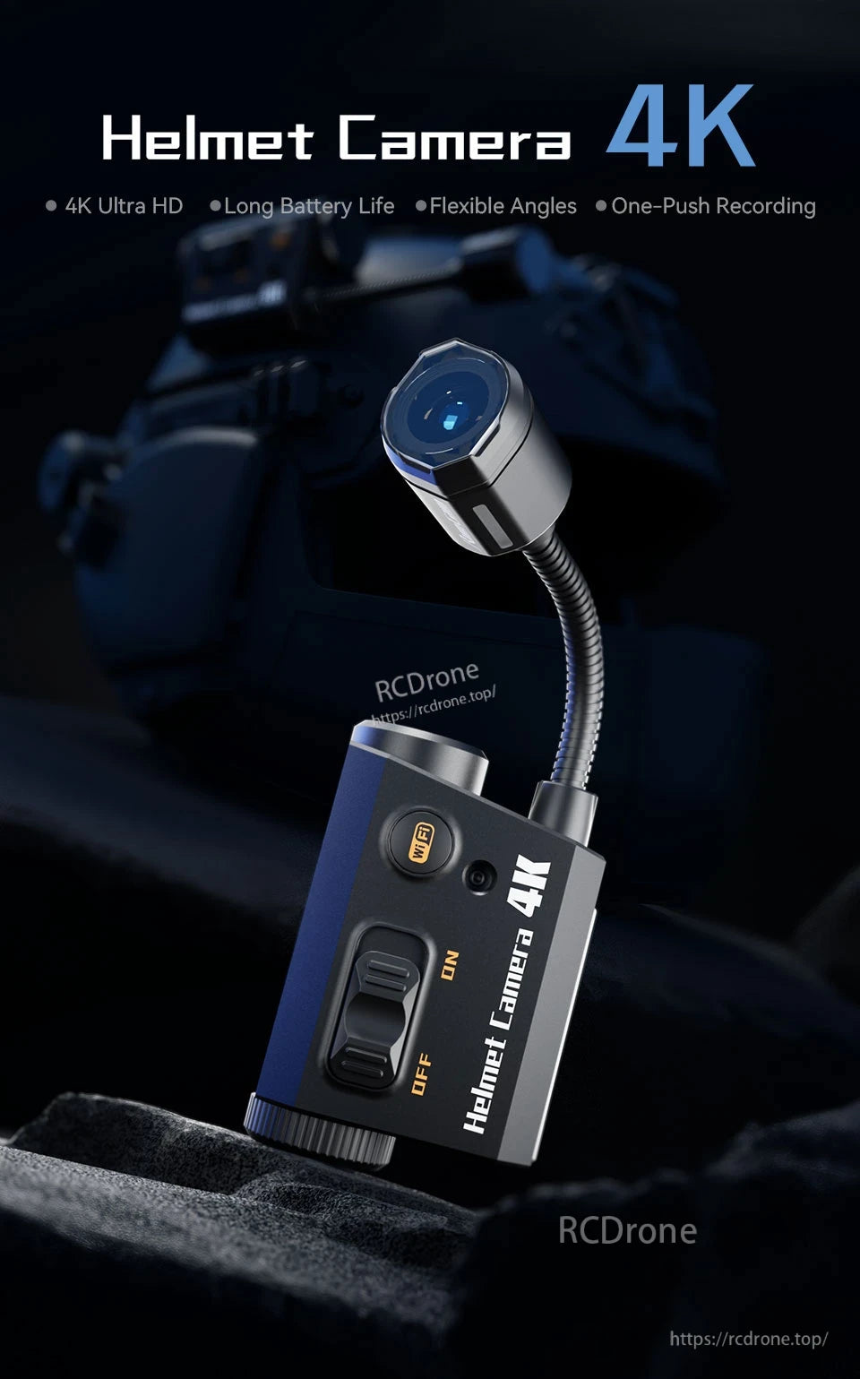 The RunCam Helmet Camera captures 4K video at 30fps, with additional resolutions and frame rates.