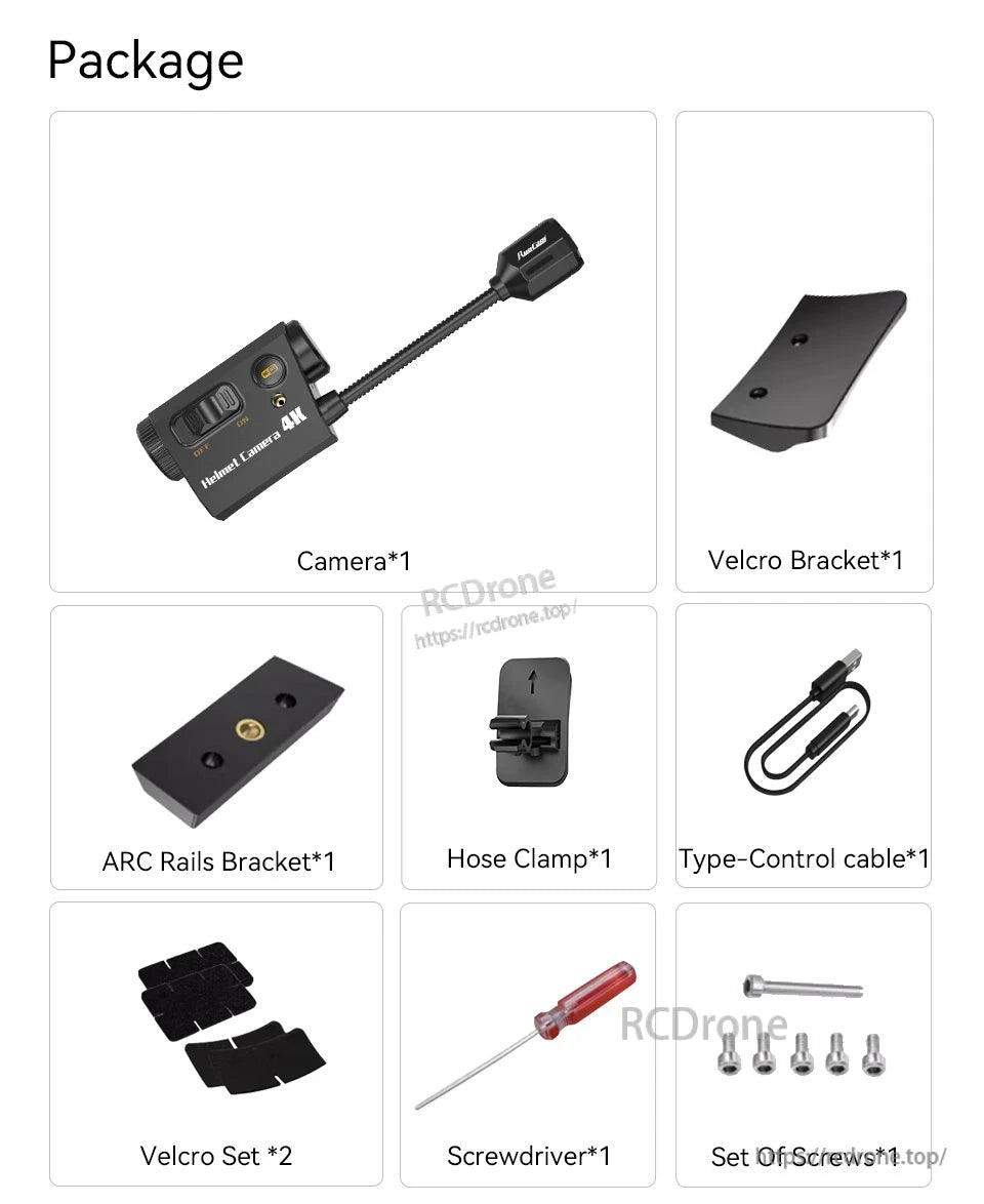 The RunCam Helmet Camera package includes various components for secure mounting.