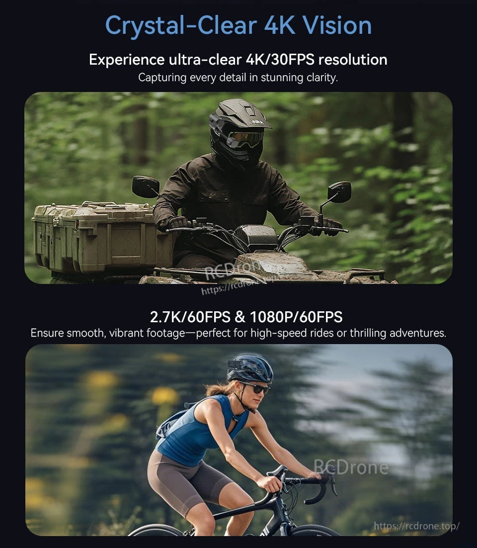 RunCam Helmet Camera, Capture every detail in high-speed rides or thrilling adventures with ultra-clear 4K/30FPS and 2.7K/60FPS video.