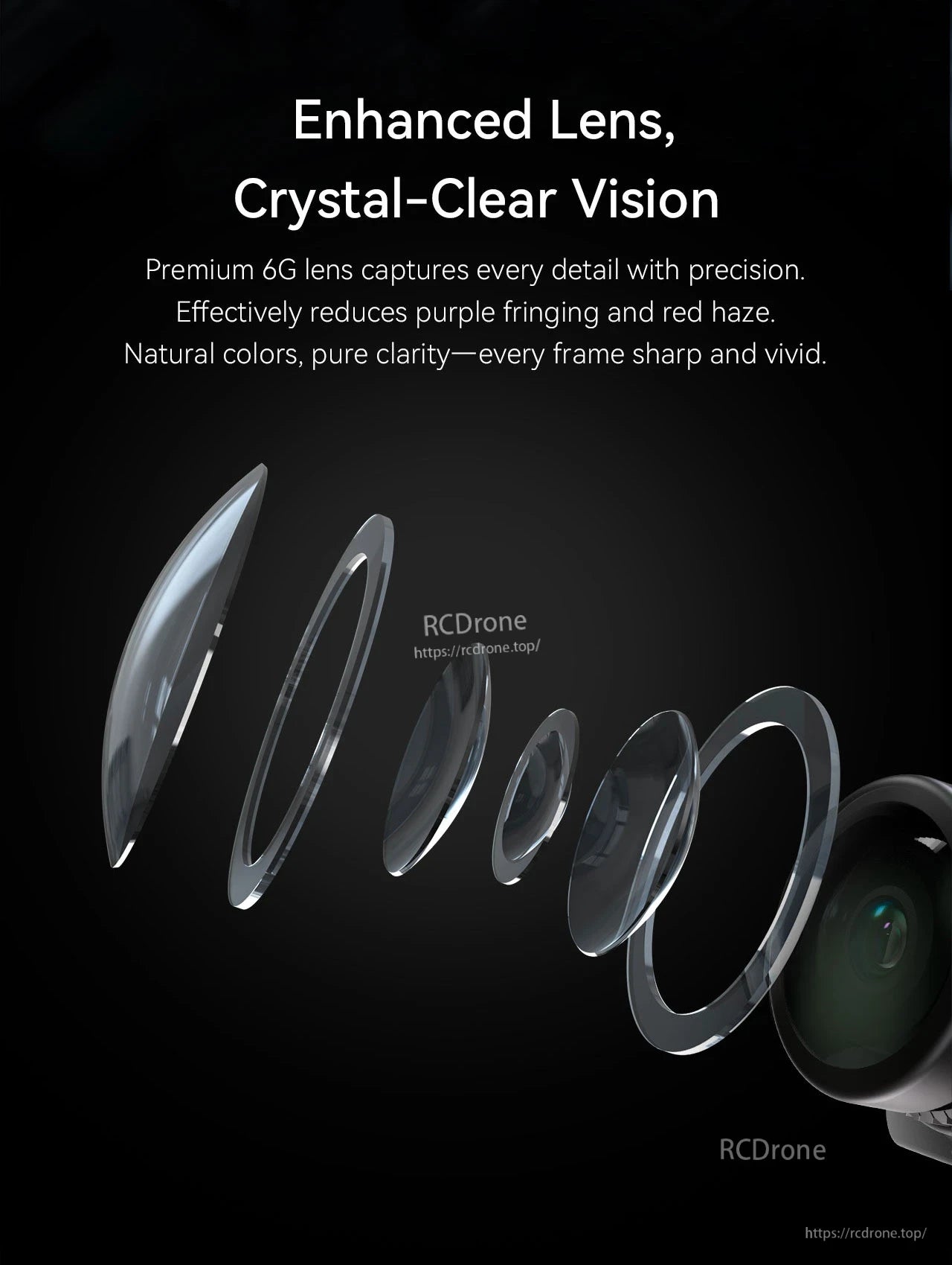 RunCam Phoenix 2 1200TVL FPV Camera, Premium 66 lens offers clear vision with precise details, reducing purple fringing and red haze for natural colors.