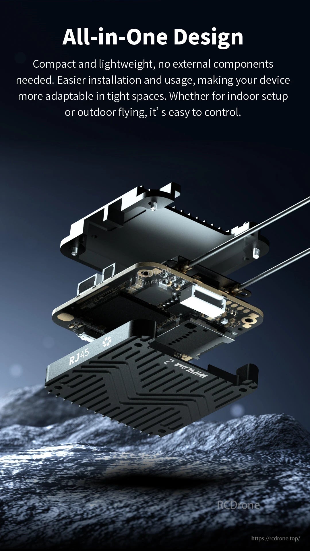 RunCam WiFiLink 2 AIO FPV, Compact design simplifies installation and usage while enhancing adaptability in tight spaces.