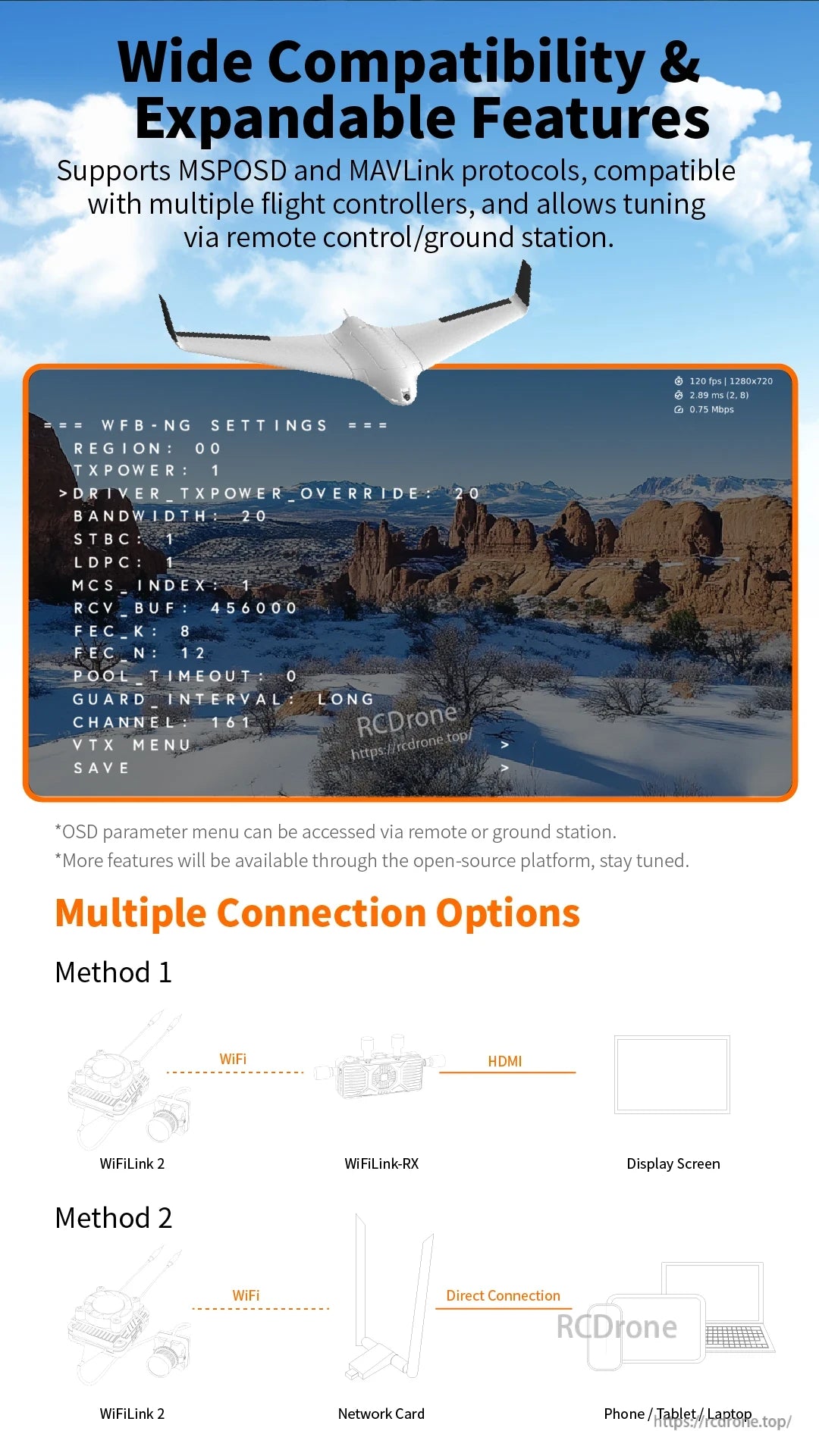 RunCam WiFiLink 2 AIO FPV, Supports MSPOSD and MAVLink protocols, compatible with multiple flight controllers, and allows tuning via remote control/ground station.