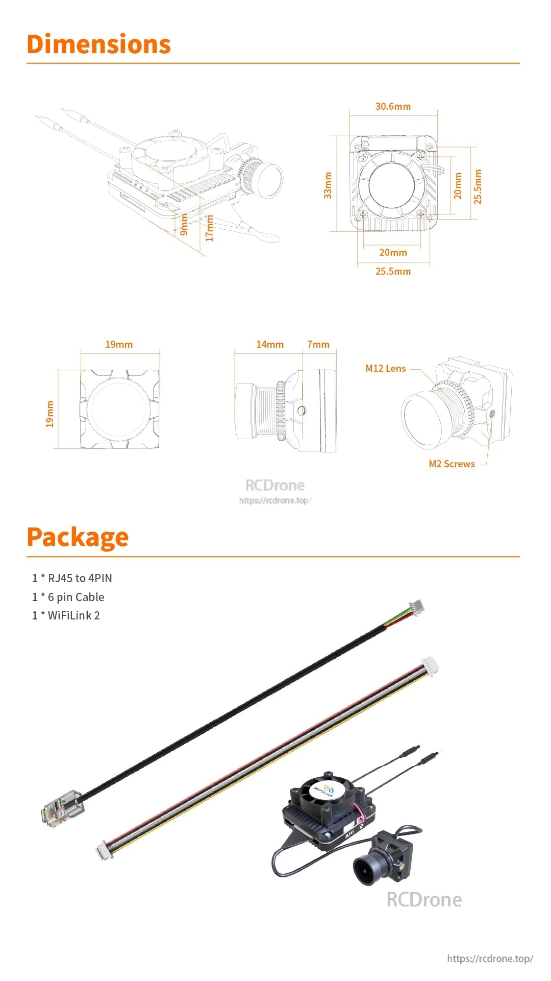 RunCam WiFiLink 2 AIO FPV, A compact Wi-Fi camera module with 20mm x 25.5mm x 19mm dimensions and 14mm weight.
