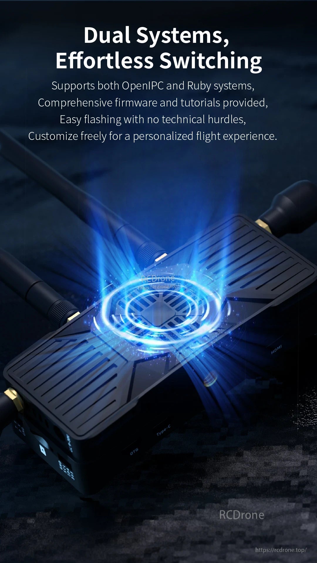 RunCam WiFiLink‑RX Digital HD VRX, Easy dual system setup with OpenIPC and Ruby support, featuring comprehensive firmware and tutorials for seamless flashing.