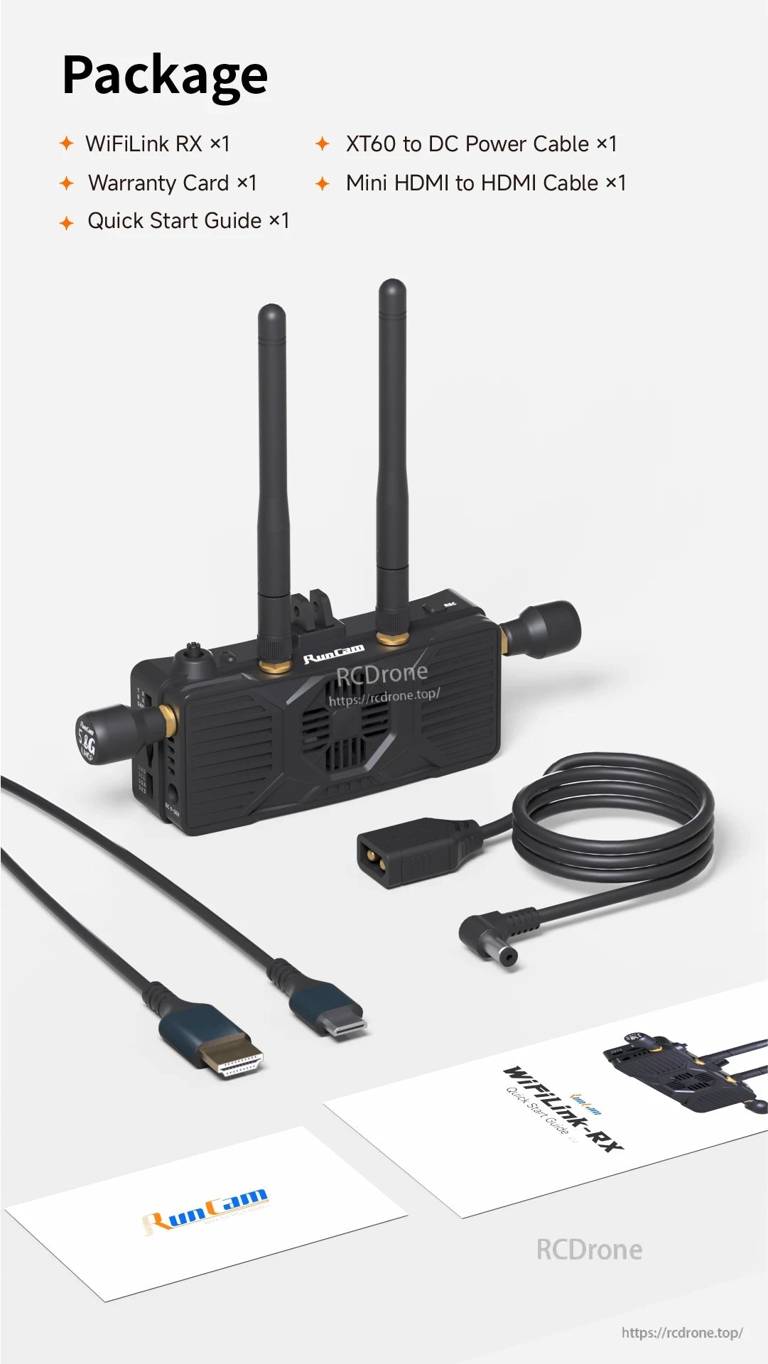 RunCam WiFiLink‑RX Digital HD VRX, The package includes WiFiLink RX, an XT60 to DC power cable, a mini HDMI to HDMI cable, and a quick start guide.