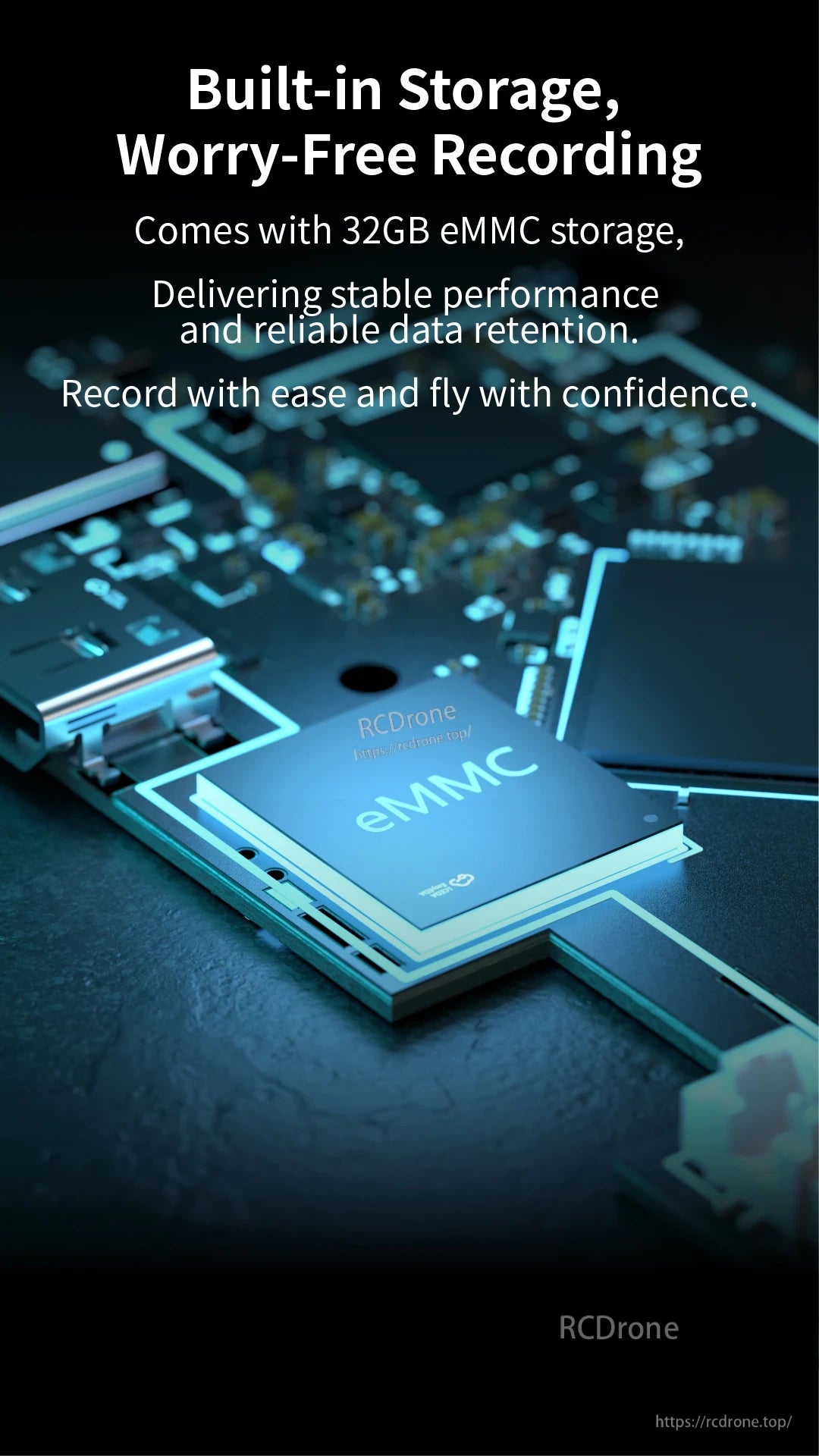 RunCam WiFiLink‑RX Digital HD VRX, Built-in storage offers reliable performance and data retention with 32GB eMMC storage capacity.