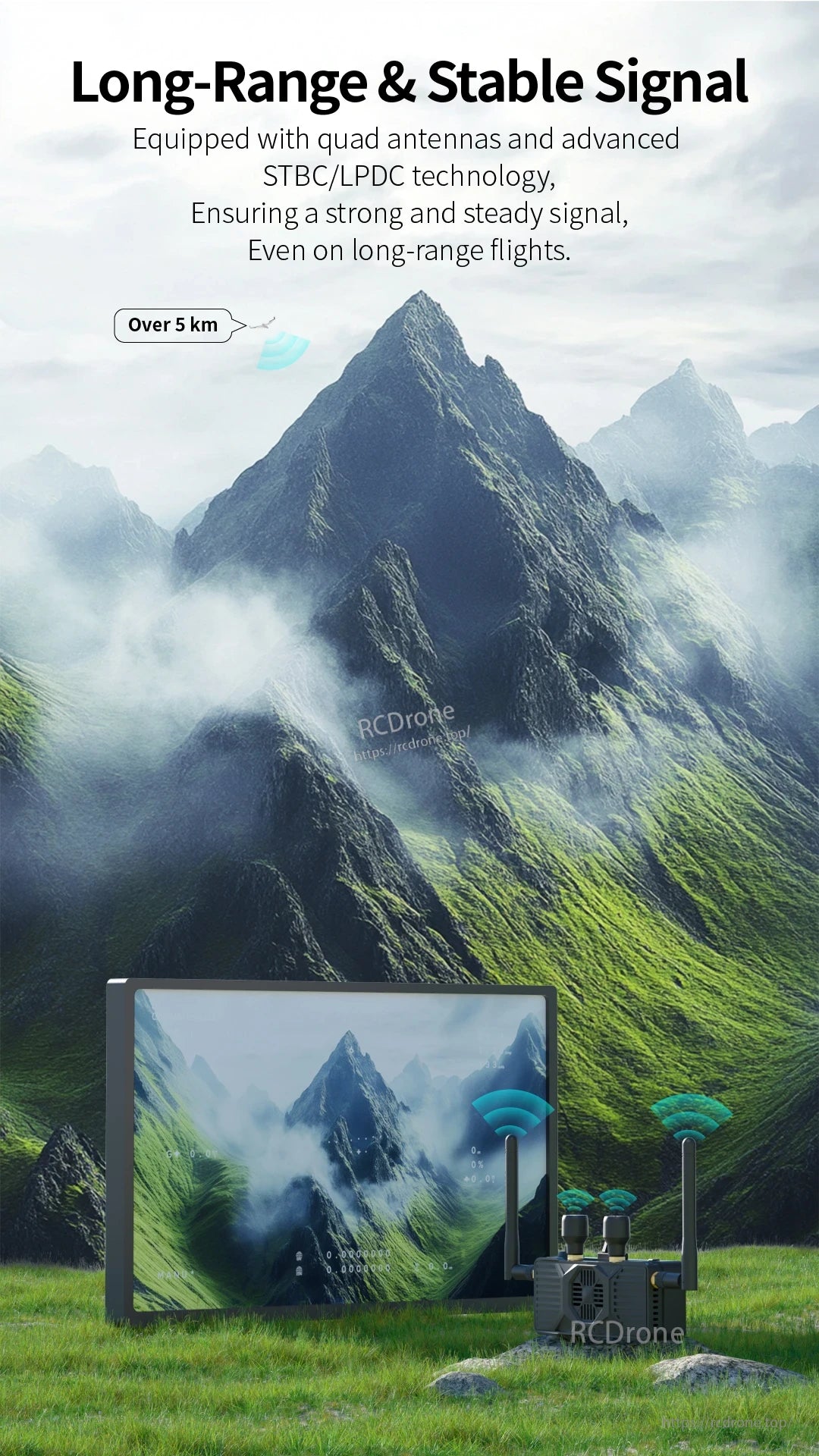 RunCam WiFiLink‑RX Digital HD VRX, This product features quad antennas and advanced technology for a strong and stable signal, suitable for long-range flights up to 5km.