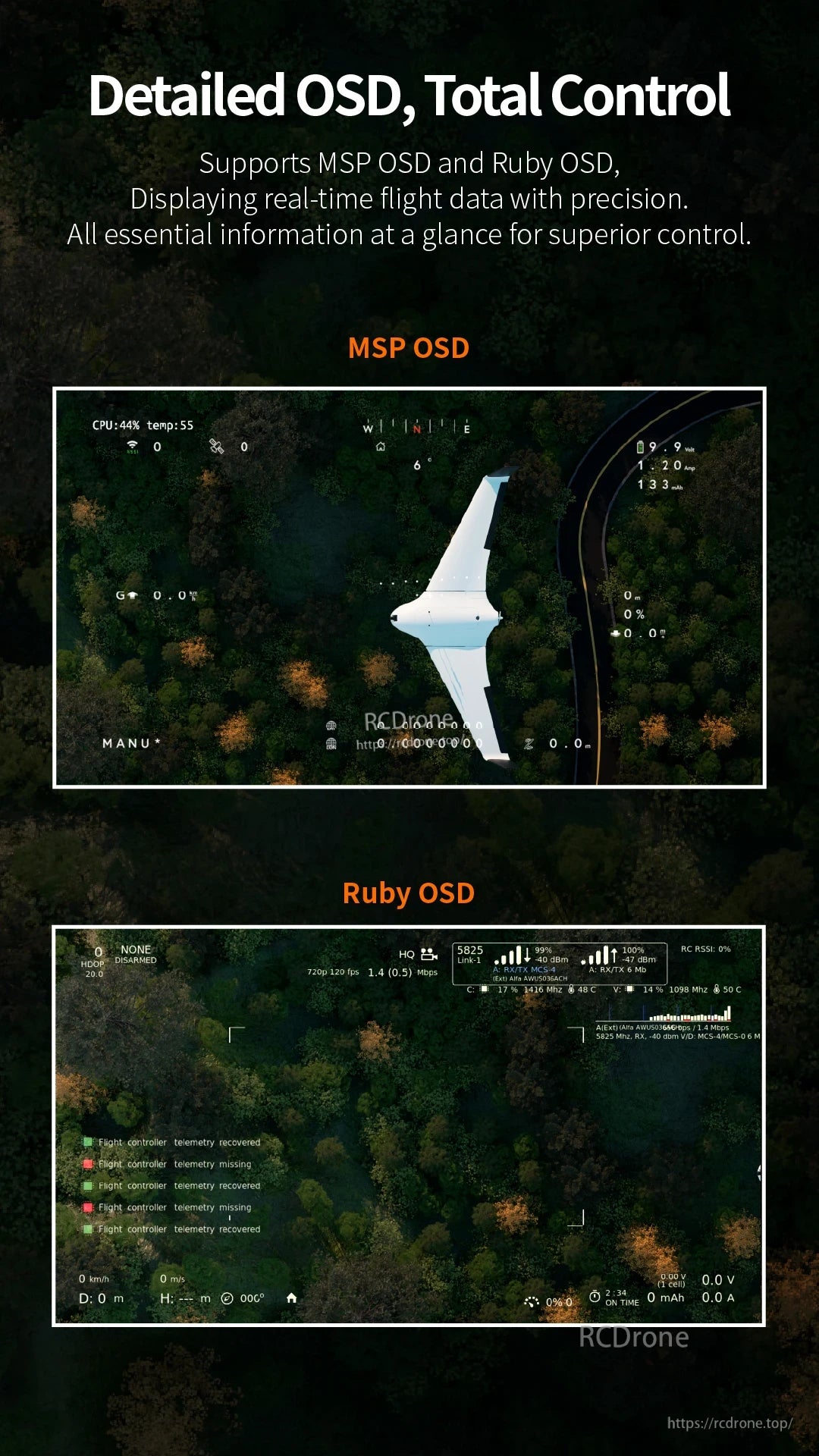RunCam WiFiLink‑RX Digital HD VRX, RunCam WiFiLink-RX has an OSD for total control, supports MSP and Ruby OS, and displays real-time flight data.