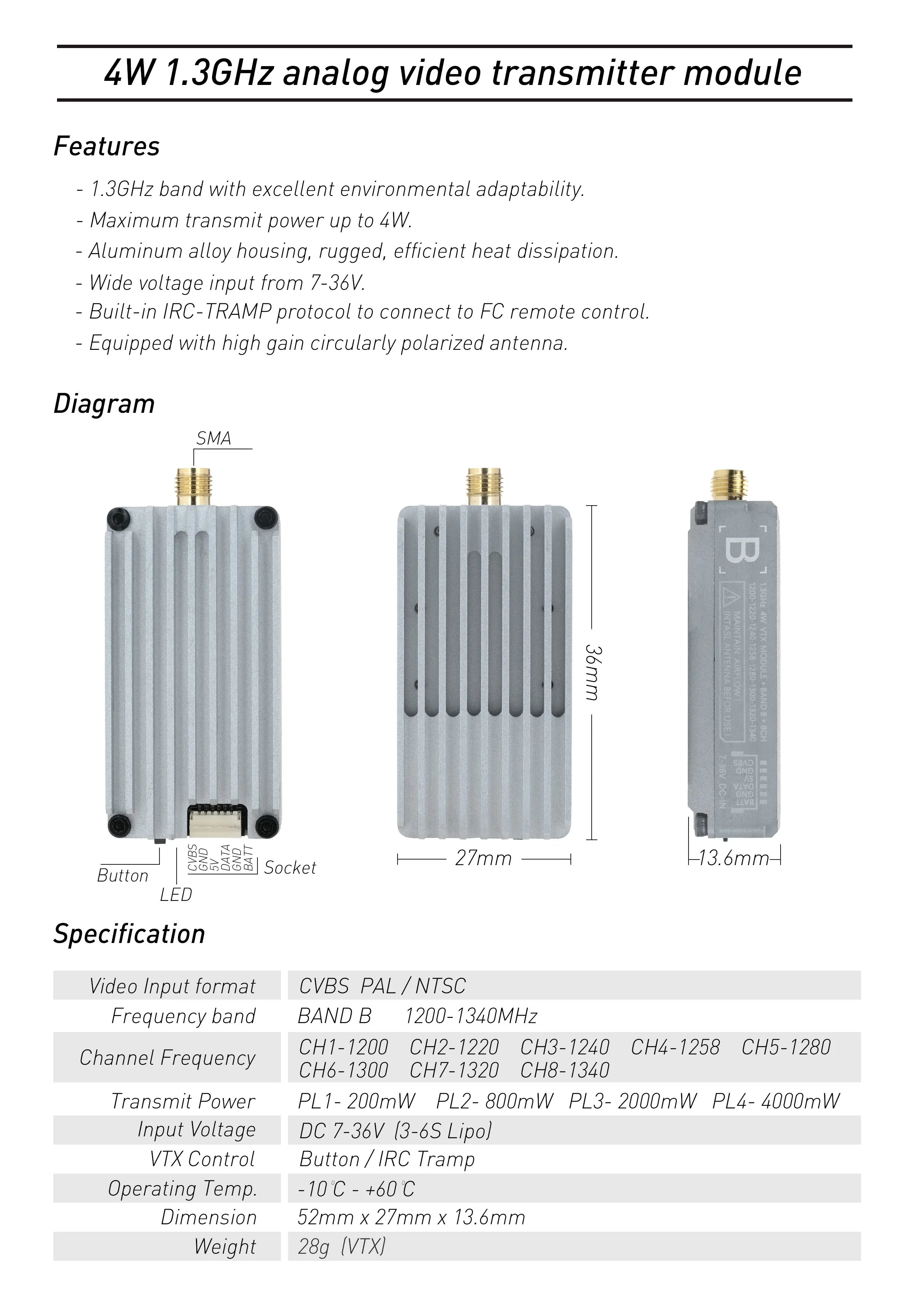 Rushfpv 1.2G 1.3G 4W 8CH VTX. High power analog video transmitter for long-range FPV drones with 1.2G/1.3G frequencies and 4W output.