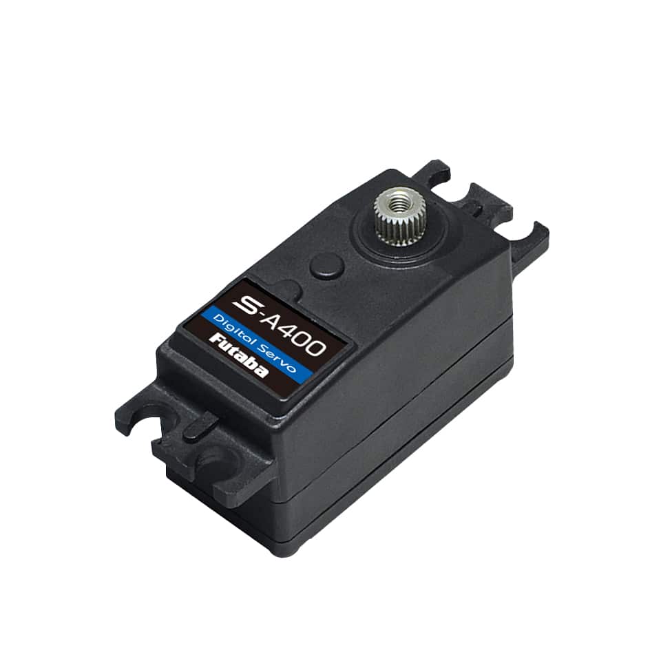 Futaba S-A400 S.Bus2 coreless digital airplane servo, angled top view with metal output spline
