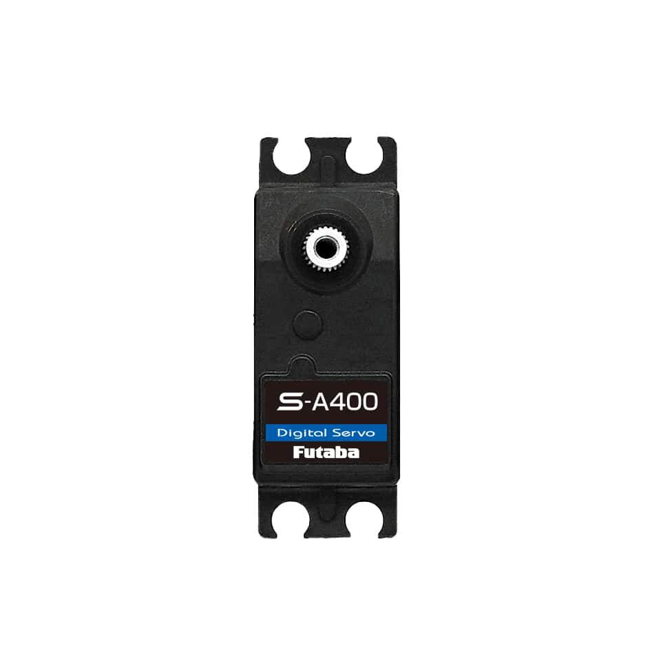 Futaba S-A400 digital airplane servo, top view showing case shape, mounting tabs, and output shaft