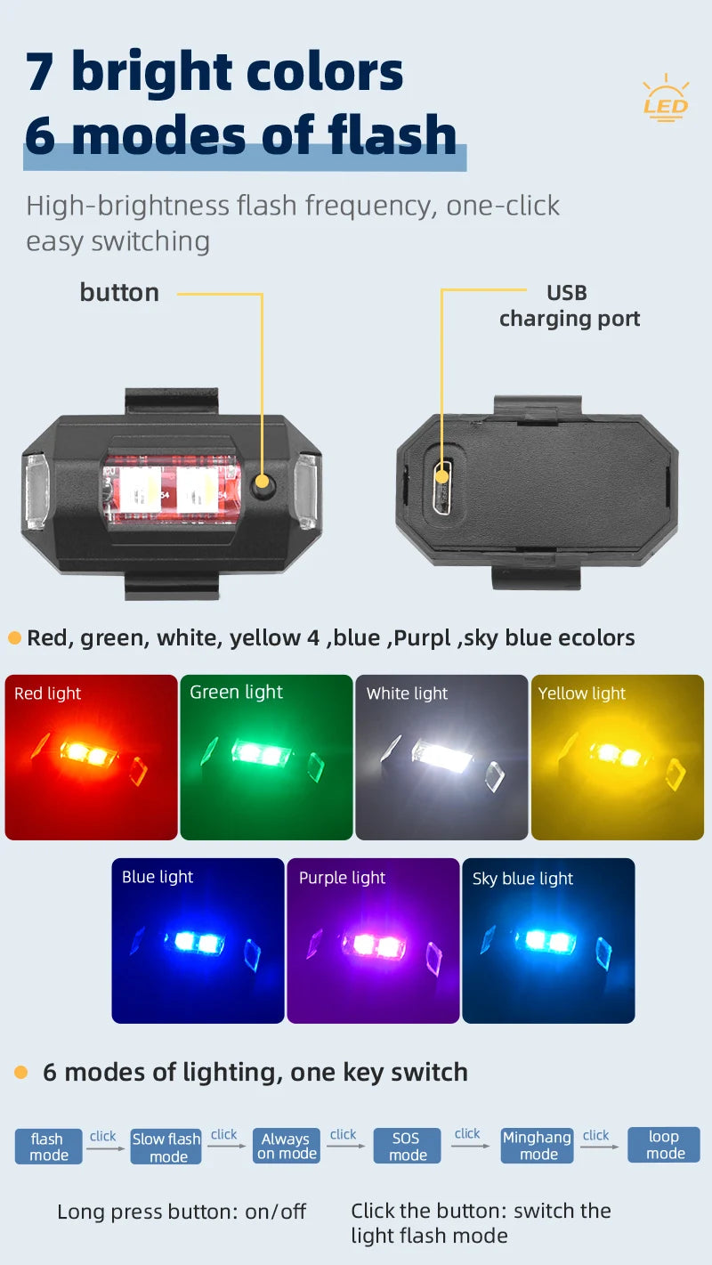 7 bright colors 6 modes of flash High-brightness flash frequency. one-click easy