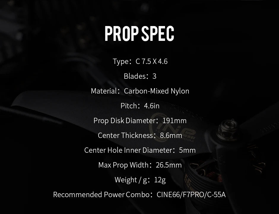 T-MOTOR C7.5x4.6 Prop, Prop Disk Diameter: 191mm Center Thickness 8.6mm Center Hole