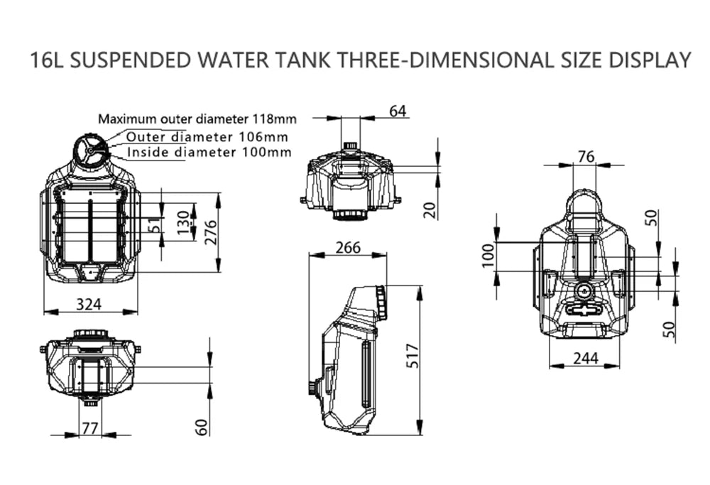 Dreameagle X616 16L 16KG Agricultural Drone, The suspended water tank has dimensions of 118mm x 266mm x 324mm and weighs 16kg.