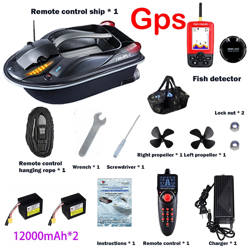 HJ817 RC Fishing Boat, RC fishing boat with GPS, dual motors, 12000mAh battery, remote, charger, propellers, tools, and fish detector for efficient, controlled fishing.