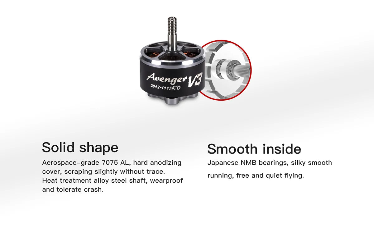 Brotherhobby Avenger 2812 V3 900KV / 1115KV Brushless Motor 5-8S Titanium Alloy hollow shaft 7-9inch Propeller for RC FPV Drone 10 AvengerVi 2812-1115KU Solid shape Smooth inside Aerospace-grade 7075